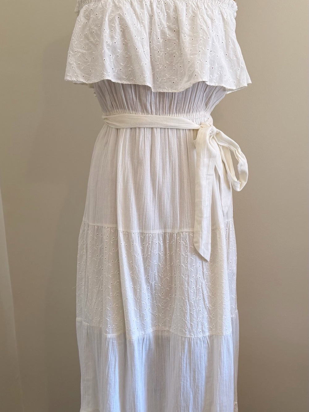 Women's Off White Eyelet Tiered Maxi Dress with Waist Tie